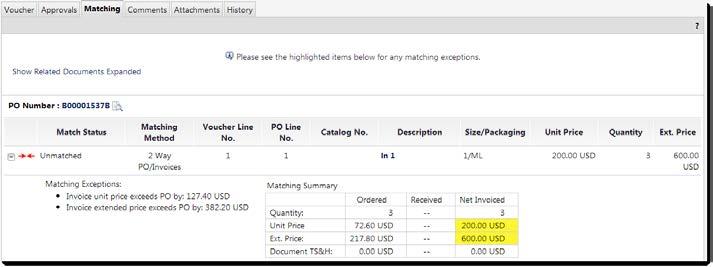 This example shows the Net Invoiced Unit Price highlighted to show the exception. 4.