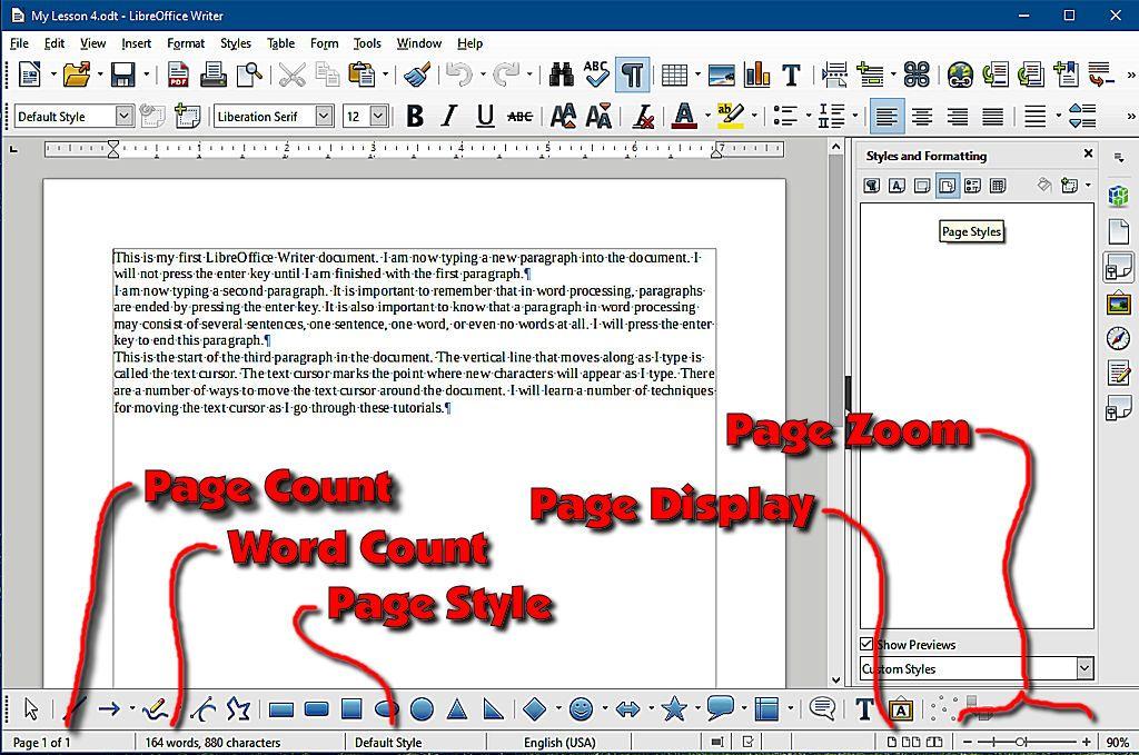 Lesson 4 Page Styles To the right of the page number is the Word Count. To the right of word count is the current Page Style. The example shows that the Default page style is in use.