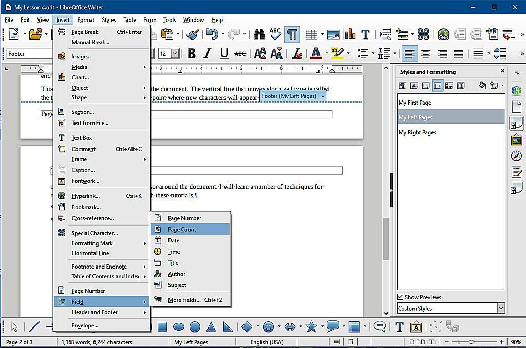 Lesson 4 Page Styles Inserting Fields: Next, we will add page numbers to the footers. Adjust your display so that the page 2 footer is in view. Click the mouse cursor in the footer box.
