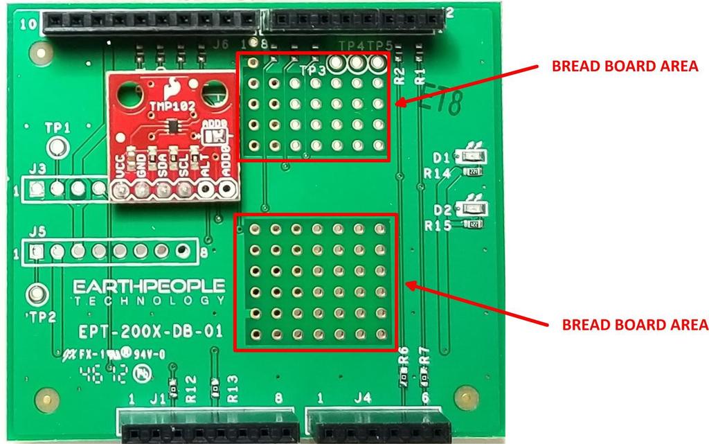 1.1.5 Bread Board Areas The EPT-2TMP-TS-U2 PCB has two bread board areas. The bread board areas are a matix of through hole pads that have 28 mil drill size. The pads are spaced at.