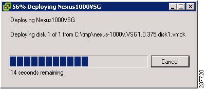 Note Review the IP/mask/gateway information carefully because any discrepancies might cause the VM to have bootup issues. The Deploying Nexus1000VSG Progress Indicator opens. See Figure 2-32.