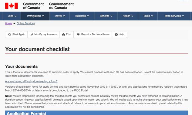 Step 10: Your document checklist IRCC website guide for MITT international students Application Form 1) Click Application to Change Conditions, Extend