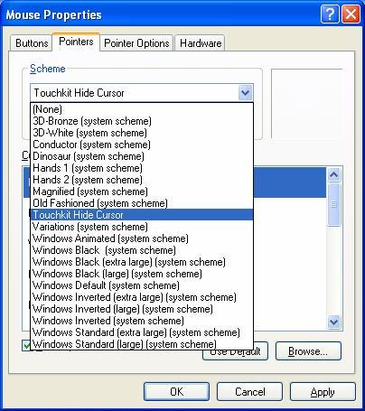 <Cursor Visibility> Cursor visibility function provides user to hide the cursor in the display. Please go to Start / Control Panel / Mouse / Pointers / Scheme, and choose TouchKit Hide Cursor.