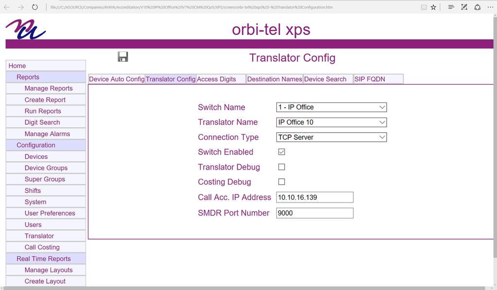6.3. Configure Call Accounting Select Translator. Once the new window opens select the Translator Config tab and enter the following: Select Site 1 from the Switch Name drop down box.