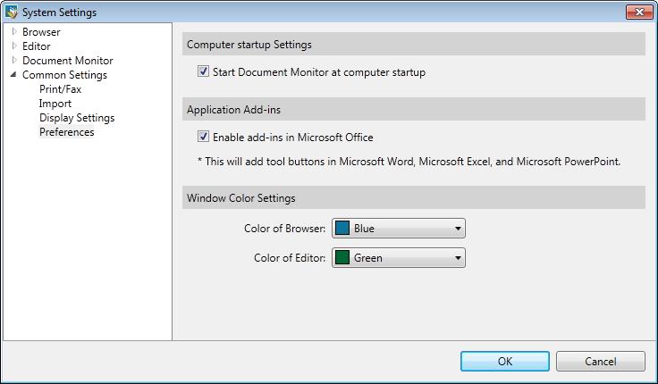 3. Click [Common Settings] > select the [Enable add-ins in Microsoft Office] check box in [Preferences], and click [OK]. 4.