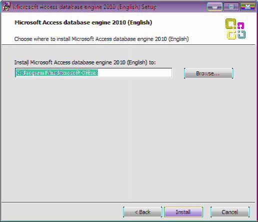 6. Check the installation folder in the [Install Microsoft Access database engine 2010 (English) to:] field, and click [Install]. The installation starts.