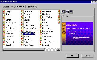 PowerPoint 2000: Introduction Ashbury Training 6. Select the Design Templates tab Select Lock And Key Click on OK To display the New Slide dialog box. 7.