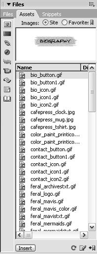 20 Part I: Fulfilling Your Dreams Assets panel: The Assets panel, shown in Figure 1-7, automatically lists all the images, colors, external links, multimedia files, scripts, templates, and Library