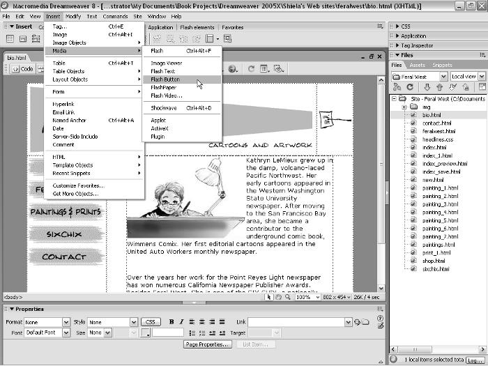 Chapter 1: Introducing Your New Best Friend 25 Figure 1-13: The Insert menu makes adding a variety of elements to your pages, including multimedia files, easy.