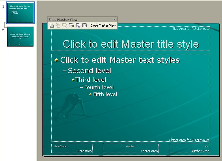ECDL 5.0 Section 3 Formatting Driving Lesson 38 - Master Pages Master pages contain text or graphics that are to be displayed on every page of a presentation.