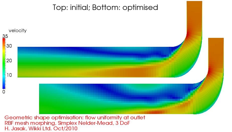 Geometric Shape Optimisation HVAC 90 deg Bend: Flow Uniformity at Outlet Flow solver: incompressible steady-turbulent flow, RANS k ǫ model;