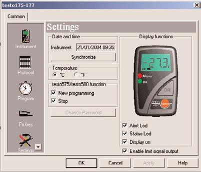 7. Programming Settings Date and time: The set date and the time in the data logger are shown. Select Synchronize to synchronize the date and the time in the data logger with the clock in your PC.