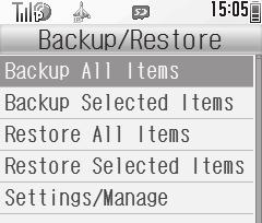 Backup Backup & Restore Handset to Memory Card Follow these steps to back up selected items at once: 1 % S Settings S % S f Connectivity S Backup/ Restore S % Backup/Restore Menu 2 Backup Selected