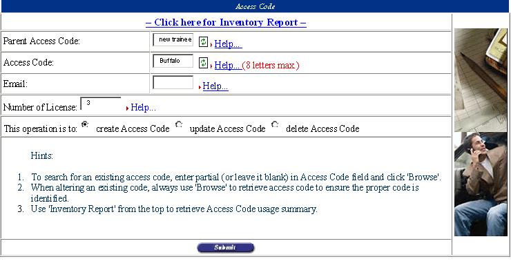 3. Access Code Access Code The administrator may check the status of all access codes by clicking on Access Code and then click here for Inventory Report.