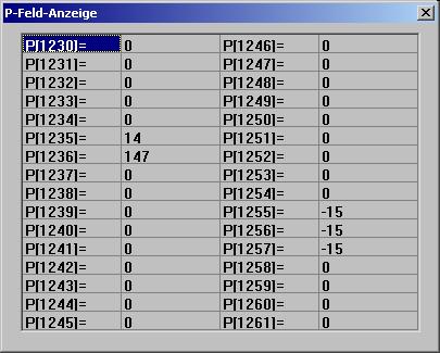 P-field display Opens a separate screen containing a list of 32 consecutive parameters. These values are not updated automatically.