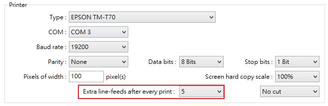 New Features V5.01.02 1. Added [Extra line-feeds after every print] setting for EPSON TM-T70 and EPSON TM-L90 printers. The size of line-feed between two prints can be specified for easier cutting.