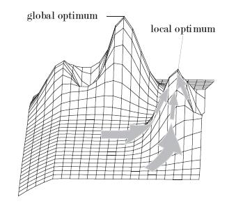7 Global optimum Global optimum Figure 1.4: Different optimum explorations for fitness landscape (Weise, 2007).