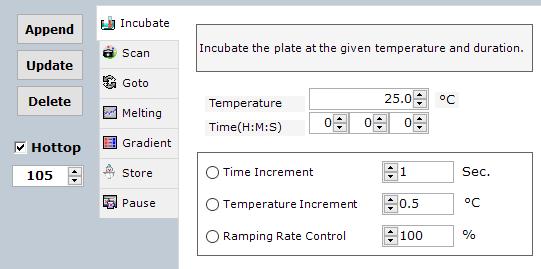 9) Click Incubate tab and enter a temperature in the Temperature field and then a time in the Time field. a. Incubate sets up a temperature and a time for the thermal block.