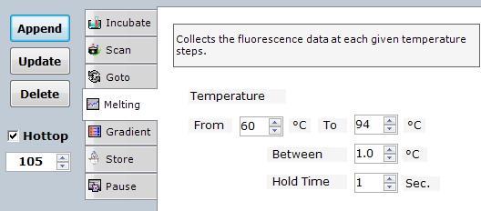 14) Click Melting tab to perform melting analysis. Enter starting temperature in the From filed (i.e. 60 ), ending temperature in the To field (i.e. 94 ), a temperature interval in the Between field (i.