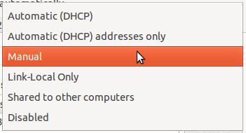 From the drop-down menu, select connection type: DHCP or Manual (static). 5. If Manual is selected, click Add next to Addresses. 6.