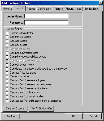 7 Preliminary Settings Security tab Set the Login name, Password, and Access Rights for an employee: 1. Enter the employee s Login Name.