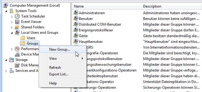 2.3 Creating groups and users Creating a new group Table 2-4 1. Creating new groups Right-click on the "Groups folder. In the context menu, click on "New Group.... 2. In the "New Group window, enter a group name into the "Group name: field.