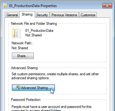 2.5 Sharing folders 2. Sharing Open the "Sharing tab (1). Currently, the network path is not shared (2).