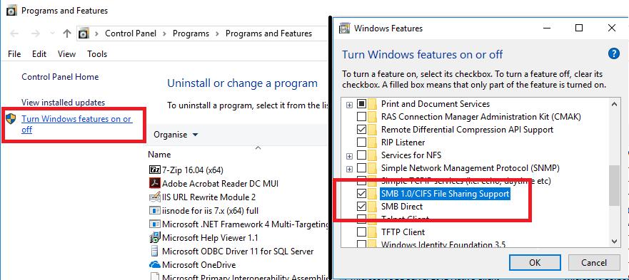 2.7 Note for Windows 10 operating system In the "Windows Features" window enable the option (5). "SMB Direct". "SMB 1.0/CIFS File sharing Support".