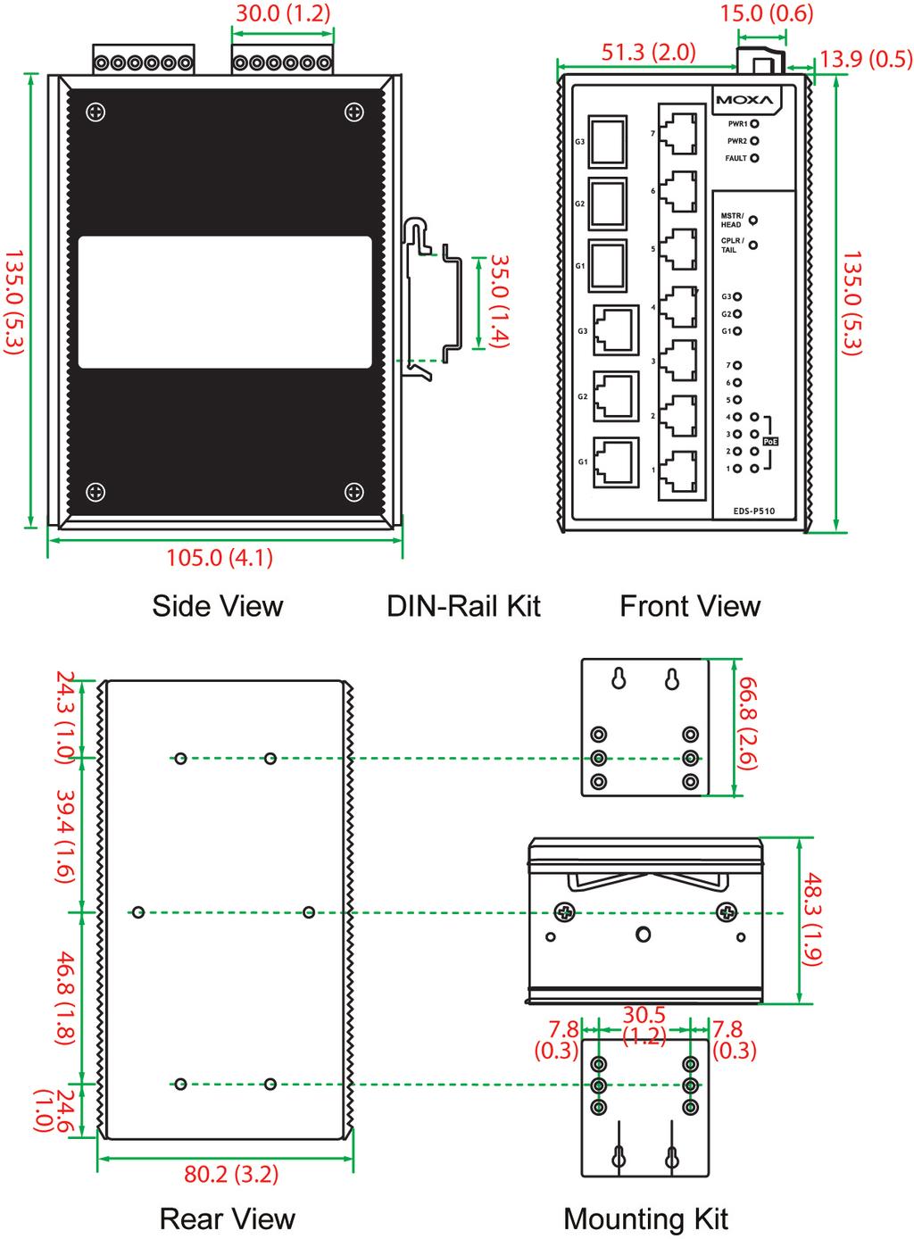Mounting Dimensions Unit = mm (inch) DIN-Rail Mounting The aluminum DIN-Rail attachment plate should