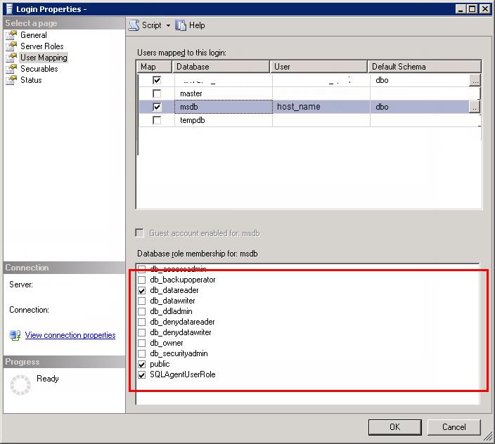Chapter 2: Prepare for Your Upgrade Select the msdb database. Then, select the SQLAgentUserRole and db_datareader roles.