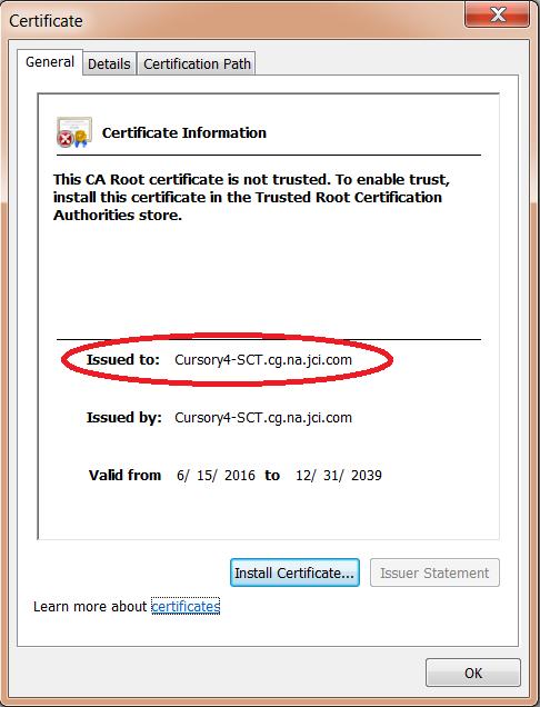 4. Click View certificates. The Certificate screen appears and displays the certificate information specific to the device. The Issued to: section lists the certificate name for the device.