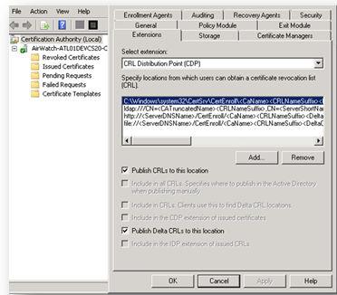2 Choose Extensions tab and edit the CRL Distribution Point (CDP). 3 The first location should be a file path.