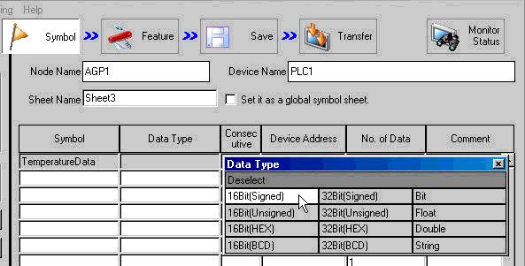 Registering Symbols on a Symbol Sheet 2 Click the [Data Type] field and select the data type from the displayed list.
