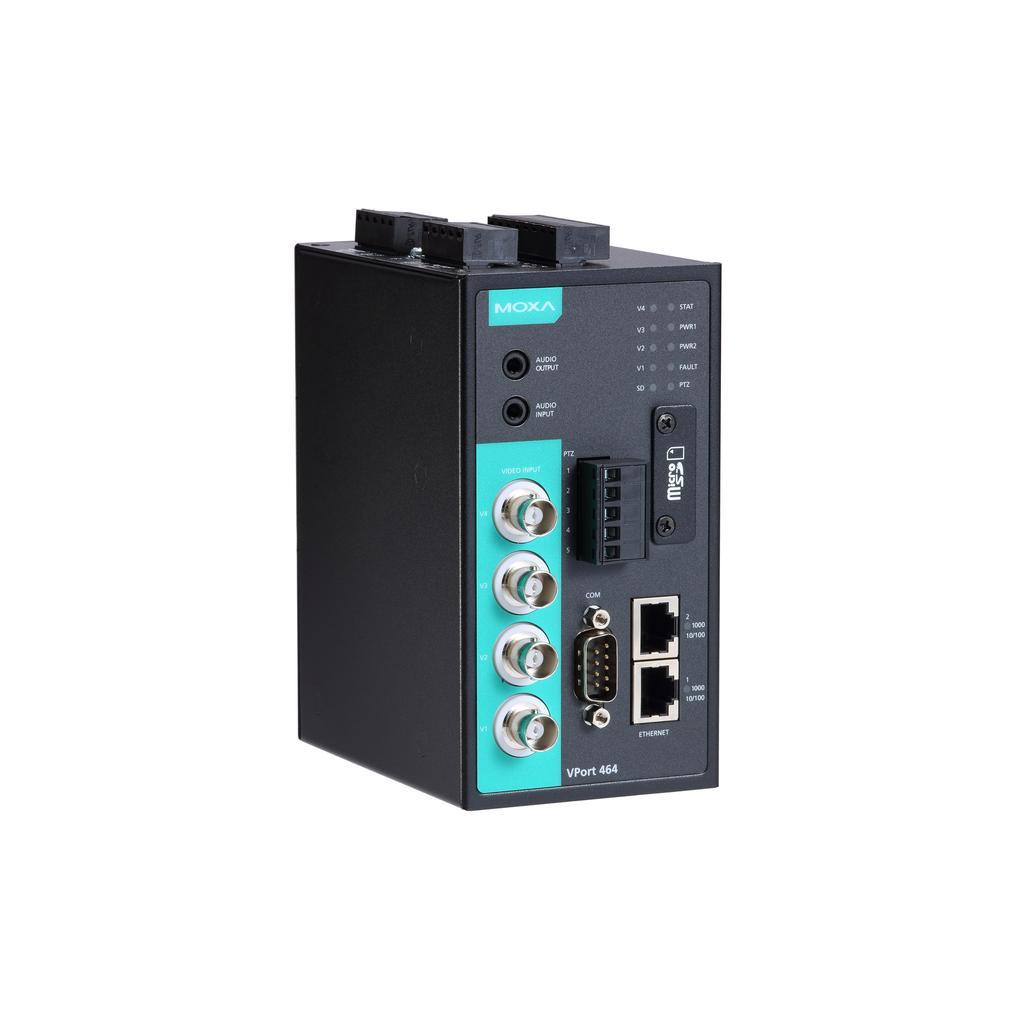 VPort 464 Series Superior video performance, 4-channel industrial video encoders Features and Benefits Each channel supports 2 D1 30 fps streams simultaneously, or merge 1 quad stream 30 fps image