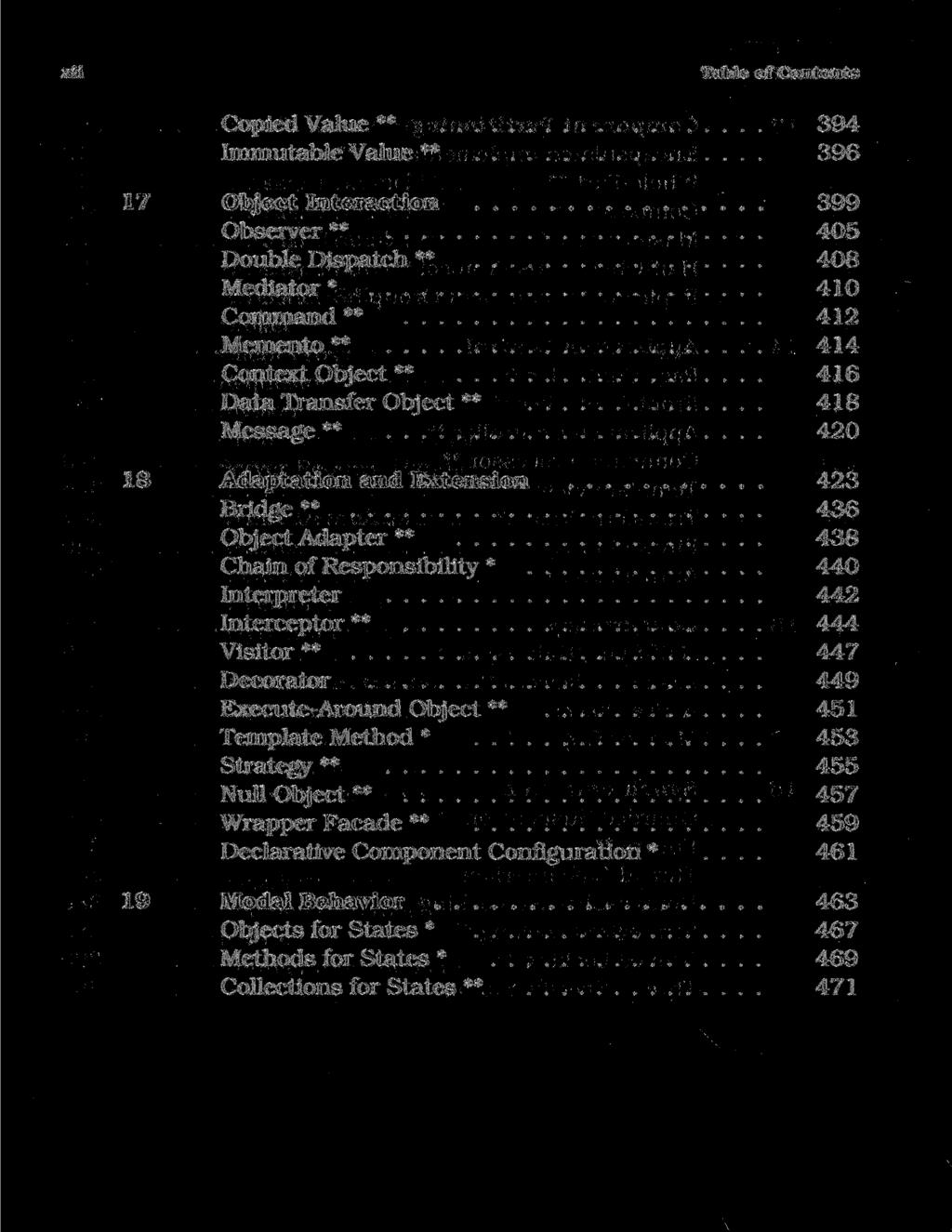 xii Table of Contents Copied Value ** 394 Immutable Value ** 396 17 Object Interaction 399 Observer ** 405 Double Dispatch ** 408 Mediator * 410 Command ** 412 Memento ** 414 Context Object ** 416