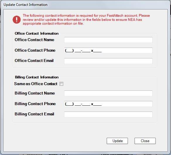 Contact Information To ensure NEA has up-to-date account contact information on file, the Update Contact Information prompt is displayed after logging in if any required information is