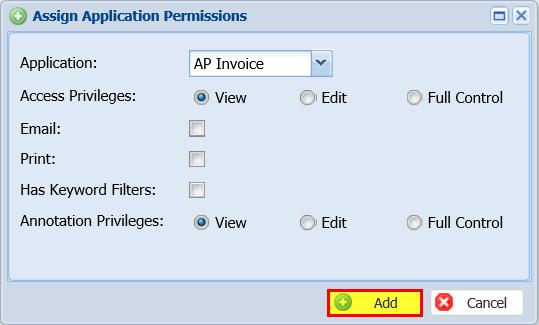b. Select the Document Type and Configure Permissions. Click Add When Finished.