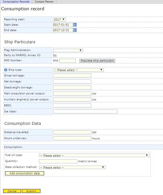 Page 14 Input the data of a ship then click "Submit". Select "Reporting year", "Start date" and "End date". Enter the IMO number of the ship, then click "Populate ship particulars".