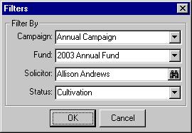 P ROSPECT INFORMATION 35 4. If you have a long list of proposal records, you can narrow the list based on campaign, fund, canvasser, or status. Click Filter on the action bar.