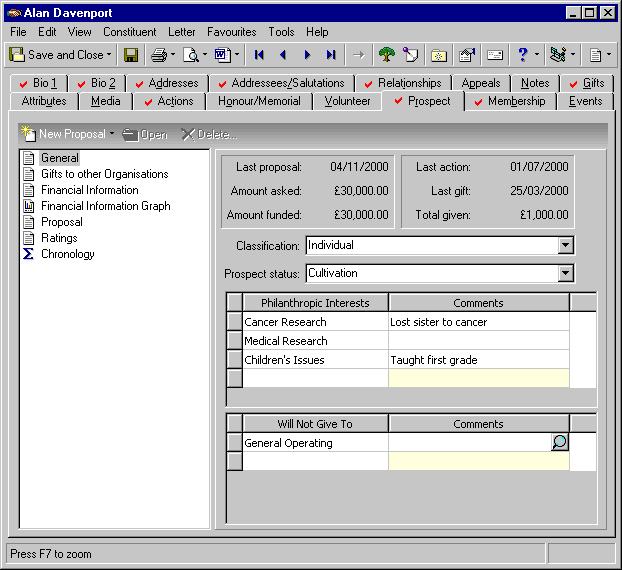 P ROSPECT INFORMATION 57 2. Open the constituent record in which you want to work, and select the Prospect tab.