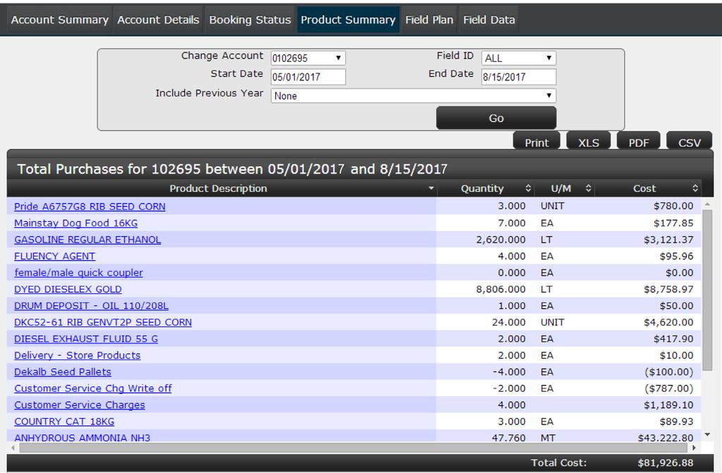 Product Summary Page View a list of products you have purchased including the quantity, units, and cost for each. Change the start and end dates you want to view.