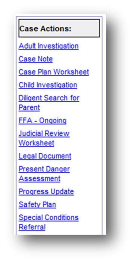 You use the hyperlinks in the Case Actions list box to create new Case Level pieces of work for the selected Case. The hyperlinks directly launch the page you want to create.