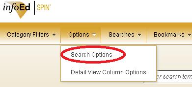 Search Options The Search Options screen, found within the Options menu, is used to