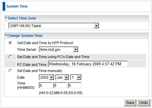 System Time Here there are three ways to set the system time for your FNS-1020. 1. Sync with a Network Time Server 2. Use your computer s time 3.