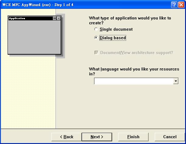 Step 5: On the first page of the wizard, select Dialog based option and