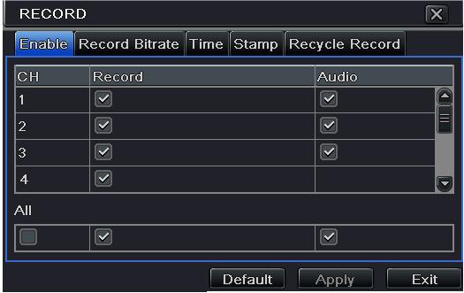 5.3 Record Configuration Record configuration includes five sub menus: enable, record bit rate, time, stamp and recycle record. 5.3.1 Enable Step1: Enter into Menu Setup Record Enable tab.