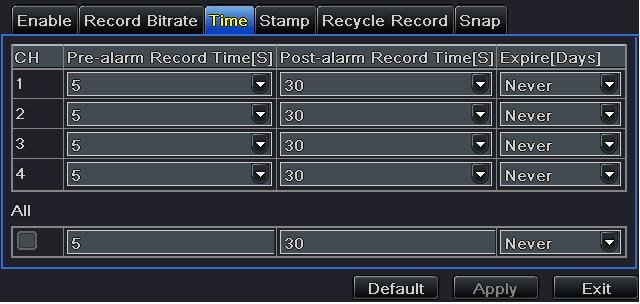 Post-alarm record: Set the post recording time after the alarm is finished, five options: 10s, 15s, 20s, 30s, 60s, 120s, 180s and 300s. Expire time: The time till which the records would be retained.