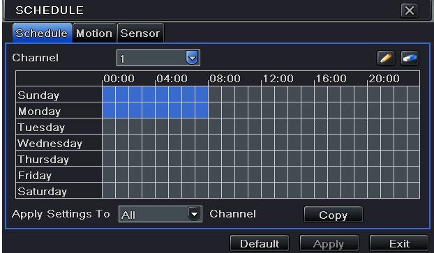 5.4 Schedule Configuration Schedule configuration includes three sub menus: schedule, motion and alarm. 5.4.1 Schedule This tab allows defining schedule for normal recording for seven days of a week, 24 hours of a day.