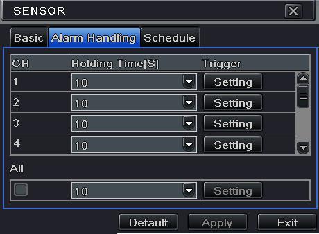 5.5.1 Sensor Alarm NVR User Manual Sensor includes three sub menus: basic, alarm handling and schedule.