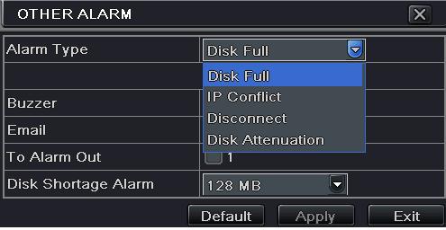 5.5.3 Other alarm This tab gives a choice to configure alarm for Disk Full, IP Conflict, the Disconnect event or Disk Attenuation. Step1: Enter into Menu Setup Alarm Other Alarm interface.